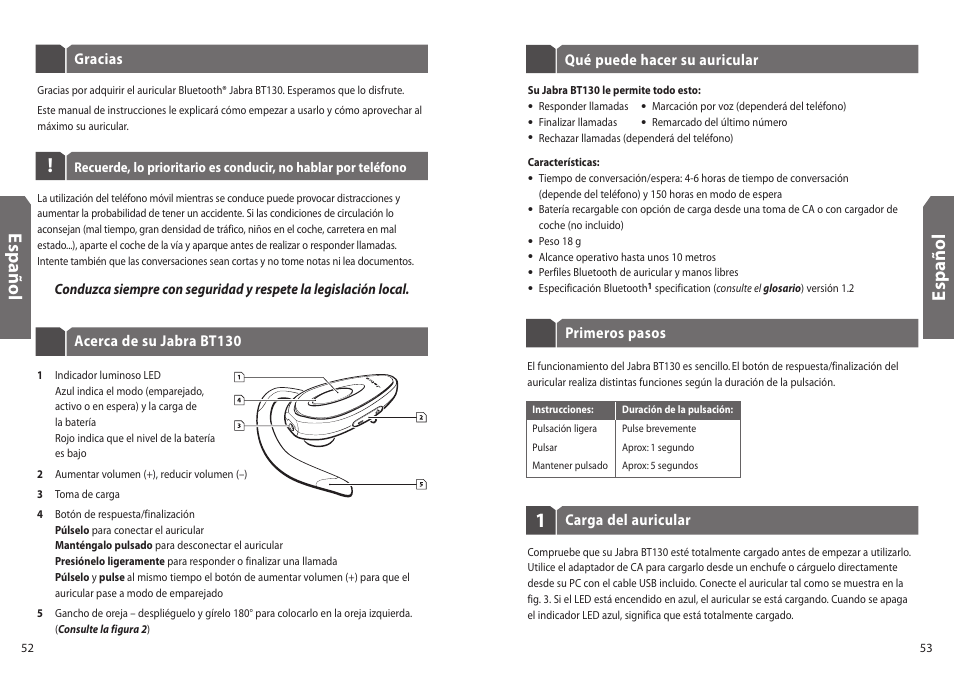 Es p añ o l | Jabra BT130 User Manual | Page 29 / 63
