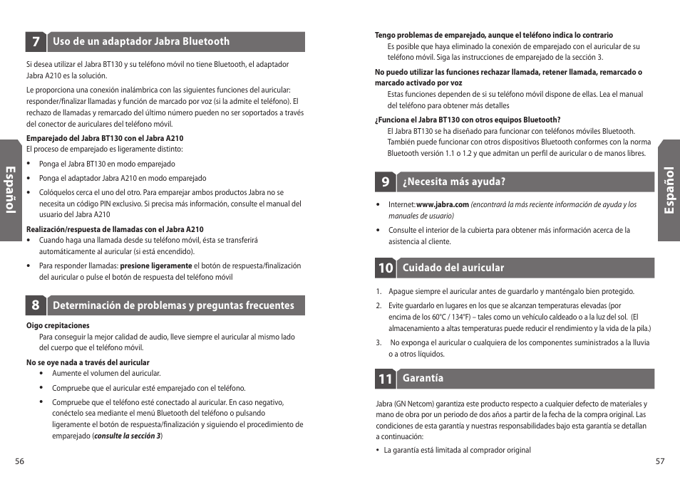 Es p añ o l | Jabra BT130 User Manual | Page 31 / 63