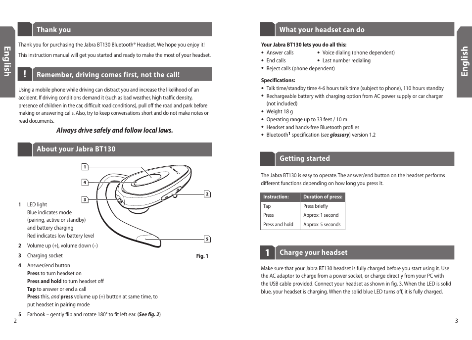 En g lis h | Jabra BT130 User Manual | Page 4 / 63