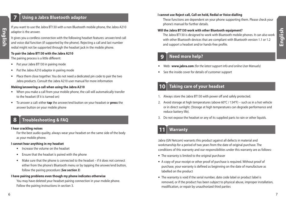 En g lis h | Jabra BT130 User Manual | Page 6 / 63