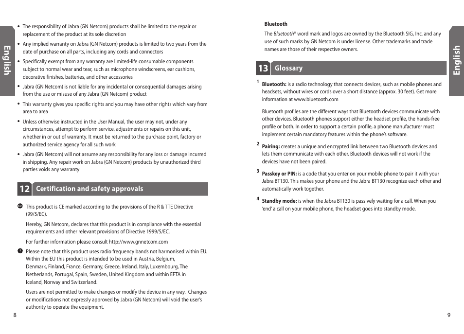 En g lis h | Jabra BT130 User Manual | Page 7 / 63