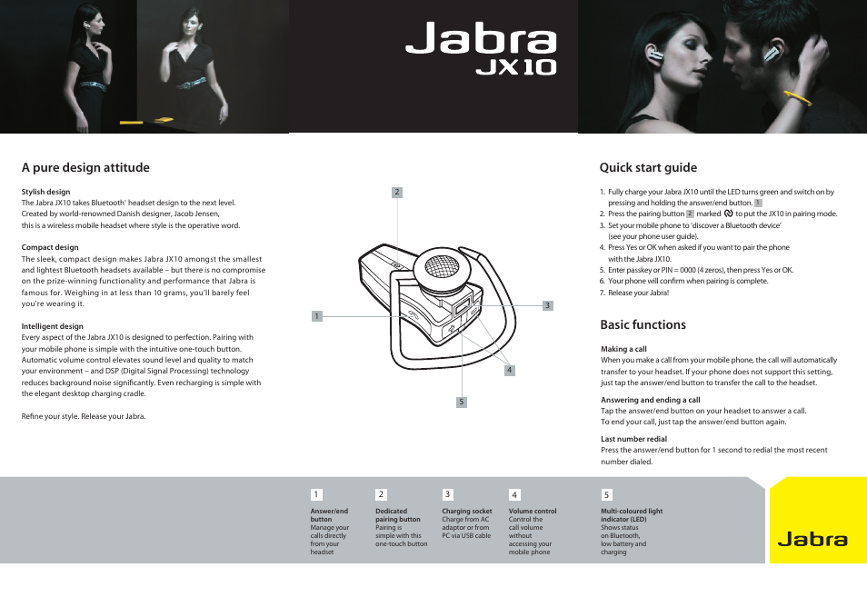 A pure design attitude, Quick start guide, Basic functions | Jabra JX10 User Manual | Page 2 / 2