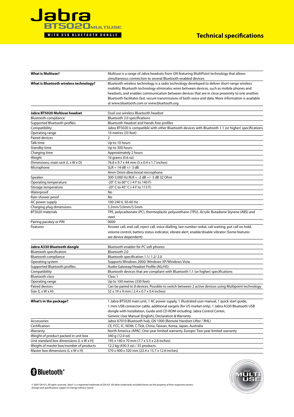 Bt5020, Technical specifications, Multiuse | Jabra Multiuse Headset BT5020 User Manual | Page 2 / 2