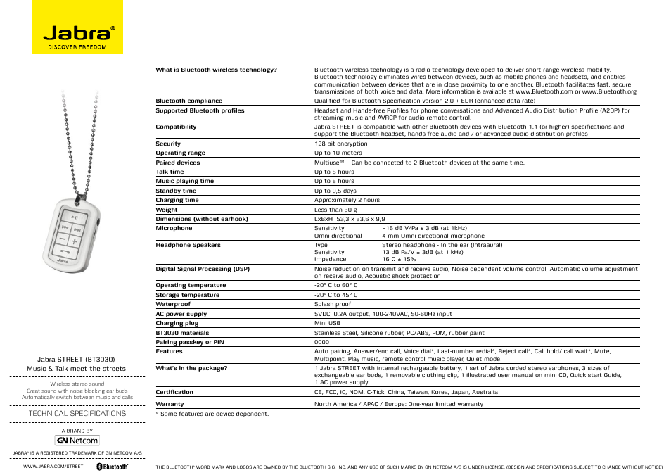 Jabra STREET BT3030 User Manual | 1 page