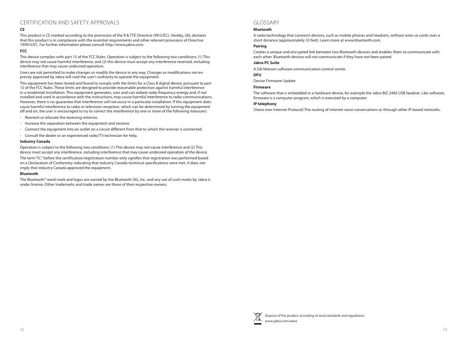 Certification and safety approvals, Glossary | Jabra BIZ 2400 USB User Manual | Page 7 / 8