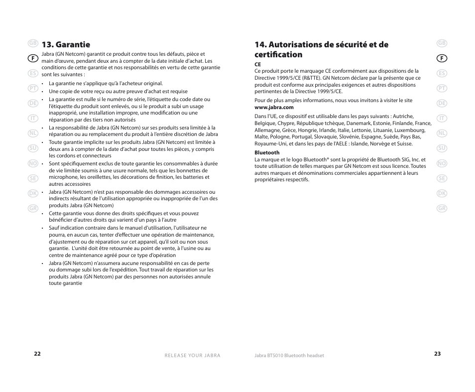 Garantie, Autorisations de sécurité et de certification | Jabra BT5010 User Manual | Page 14 / 75