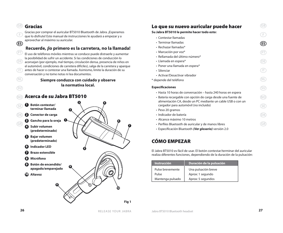 Lo que su nuevo auricular puede hacer, Cómo empezar, Gracias | Acerca de su jabra bt5010 | Jabra BT5010 User Manual | Page 16 / 75