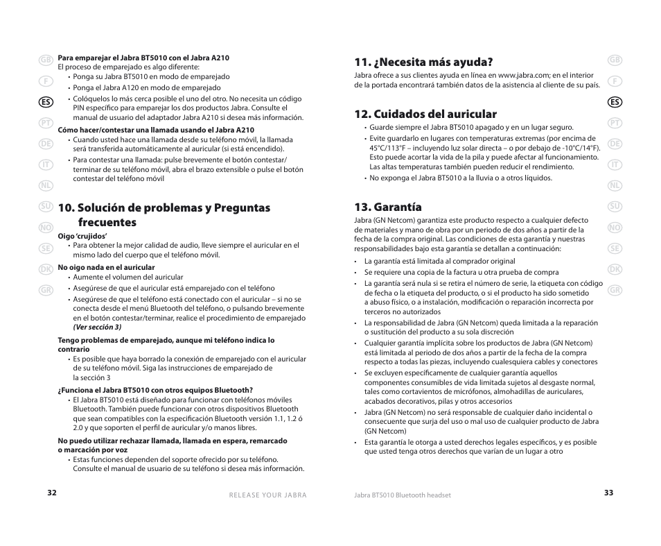 ¿necesita más ayuda, Cuidados del auricular, Garantía | Solución de problemas y preguntas frecuentes | Jabra BT5010 User Manual | Page 19 / 75