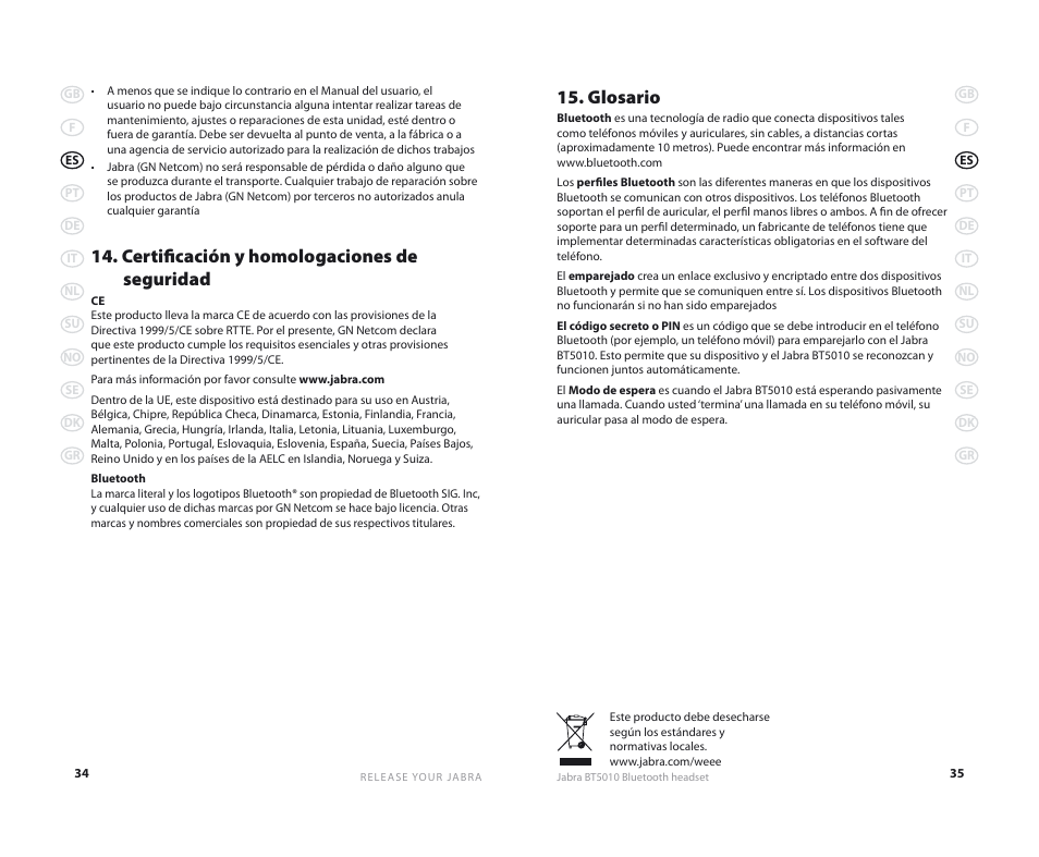 Certificación y homologaciones de seguridad, Glosario | Jabra BT5010 User Manual | Page 20 / 75