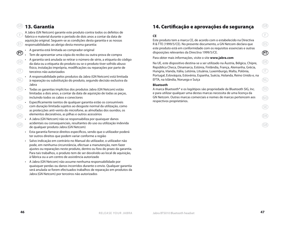 Garantia, Certificação e aprovações de segurança | Jabra BT5010 User Manual | Page 26 / 75