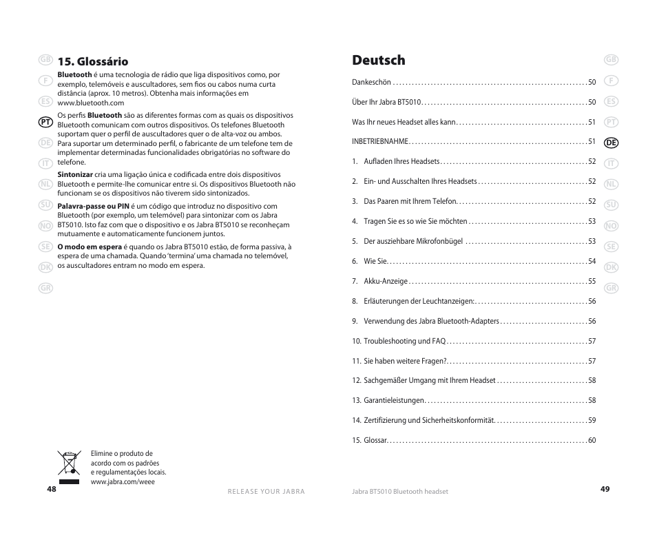 Deutsch, Glossário | Jabra BT5010 User Manual | Page 27 / 75