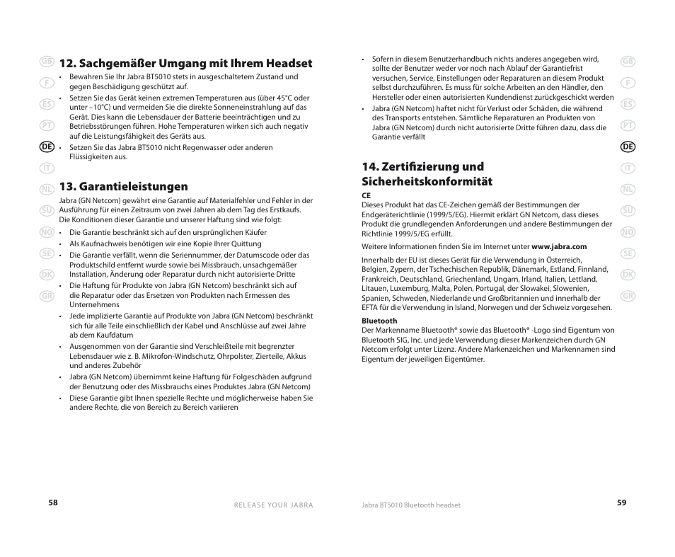 Sachgemäßer umgang mit ihrem headset, Garantieleistungen, Zertifizierung und sicherheitskonformität | Jabra BT5010 User Manual | Page 32 / 75