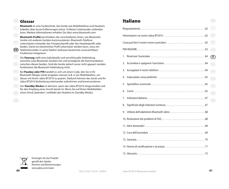Italiano, Glossar | Jabra BT5010 User Manual | Page 33 / 75