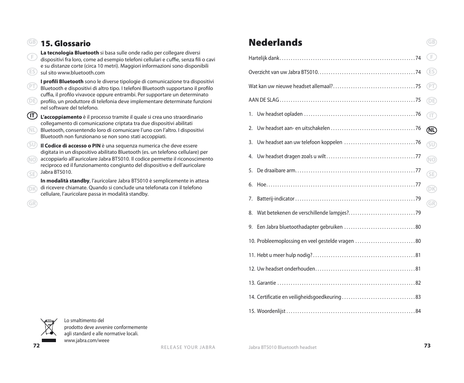 Nederlands, Glossario | Jabra BT5010 User Manual | Page 39 / 75