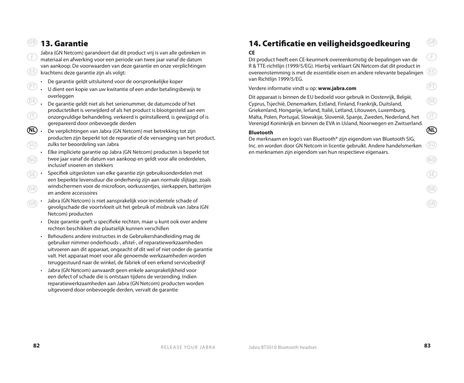 Garantie, Certificatie en veiligheidsgoedkeuring | Jabra BT5010 User Manual | Page 44 / 75