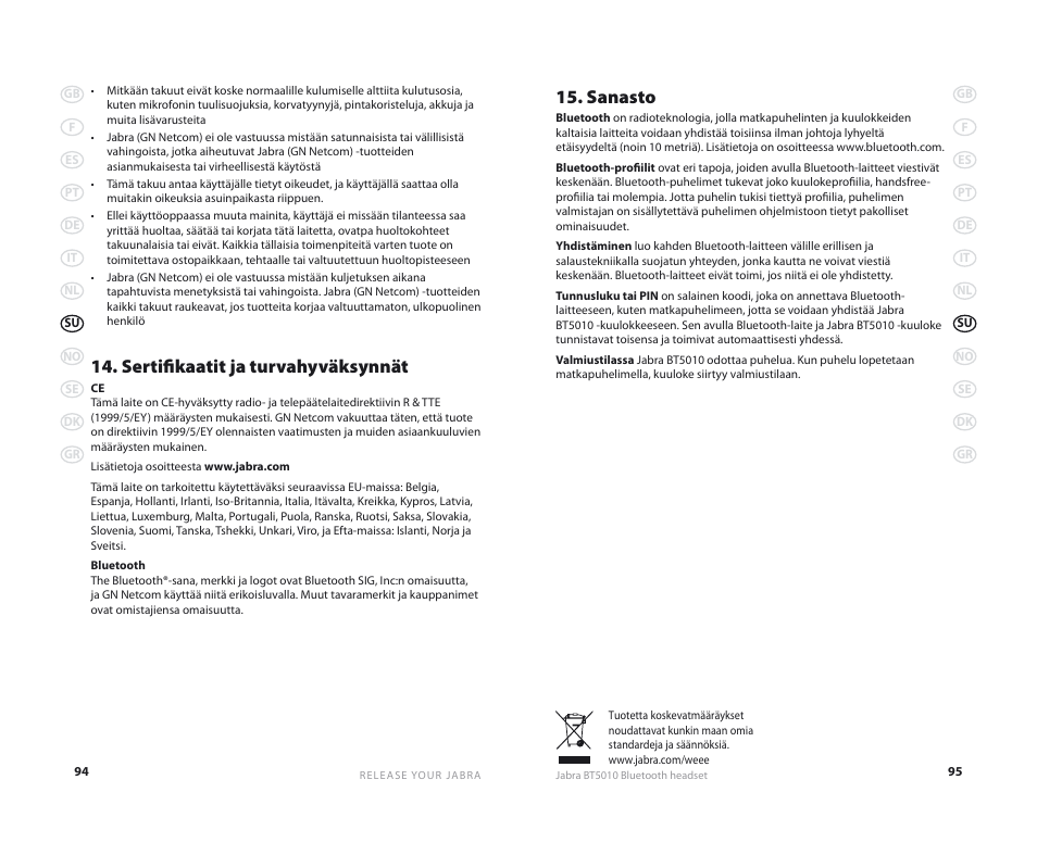 Sertifikaatit ja turvahyväksynnät, Sanasto | Jabra BT5010 User Manual | Page 50 / 75