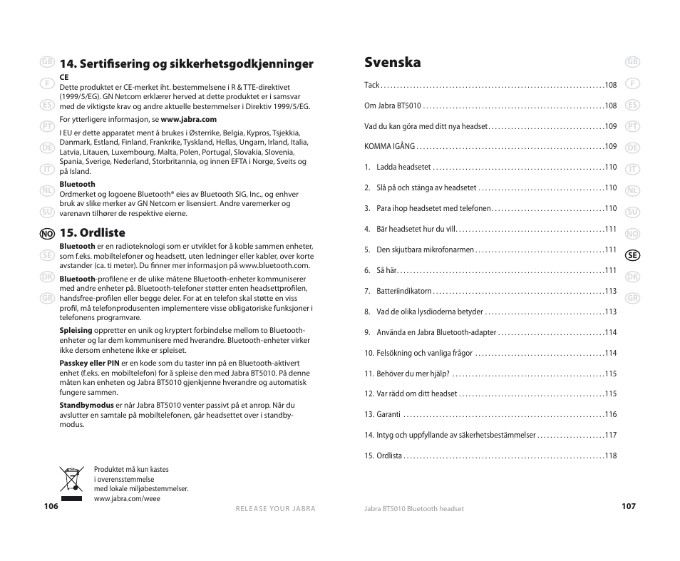 Svenska, Sertifisering og sikkerhetsgodkjenninger, Ordliste | Jabra BT5010 User Manual | Page 56 / 75