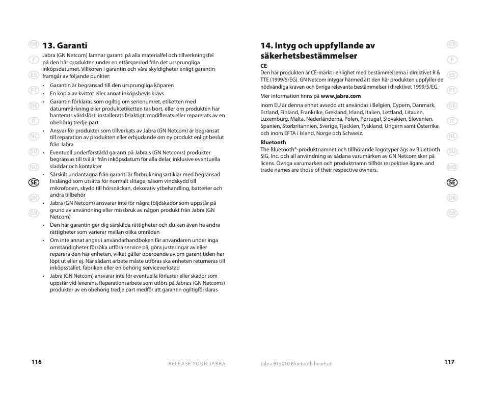 Garanti, Intyg och uppfyllande av säkerhetsbestämmelser | Jabra BT5010 User Manual | Page 61 / 75
