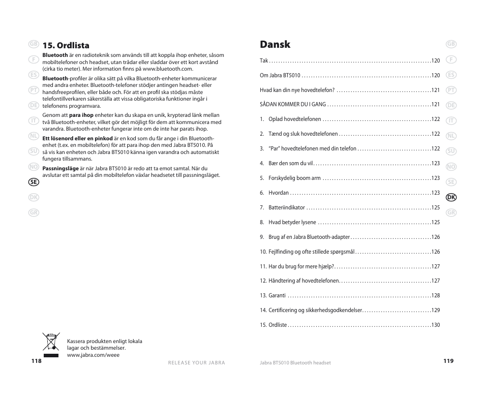 Dansk, Ordlista | Jabra BT5010 User Manual | Page 62 / 75