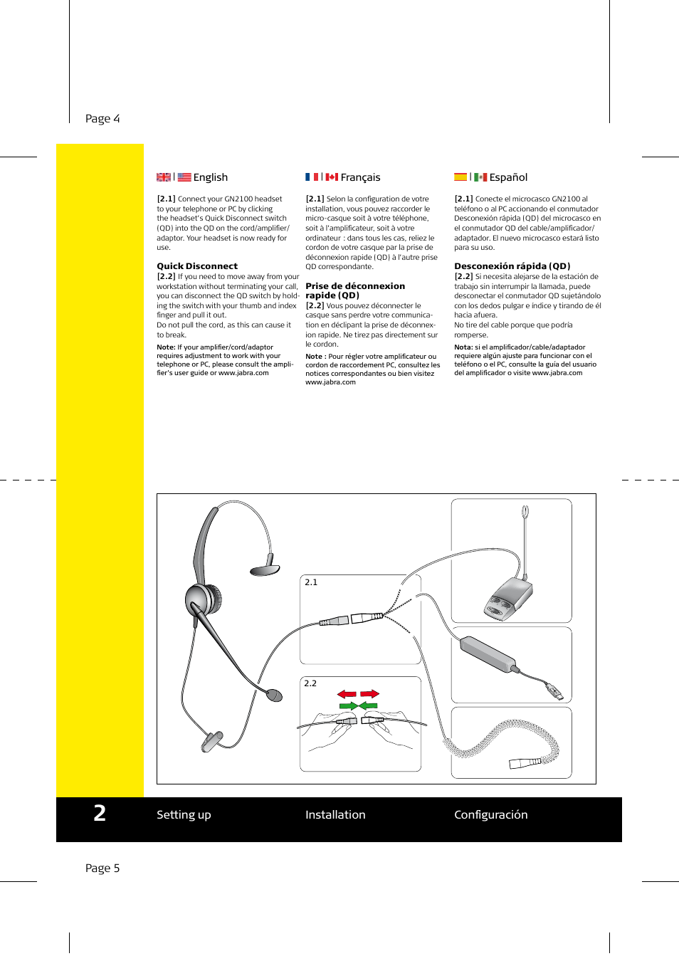 Page 4, Page 5 setting up installation configuración | Jabra GN2100 User Manual | Page 3 / 7