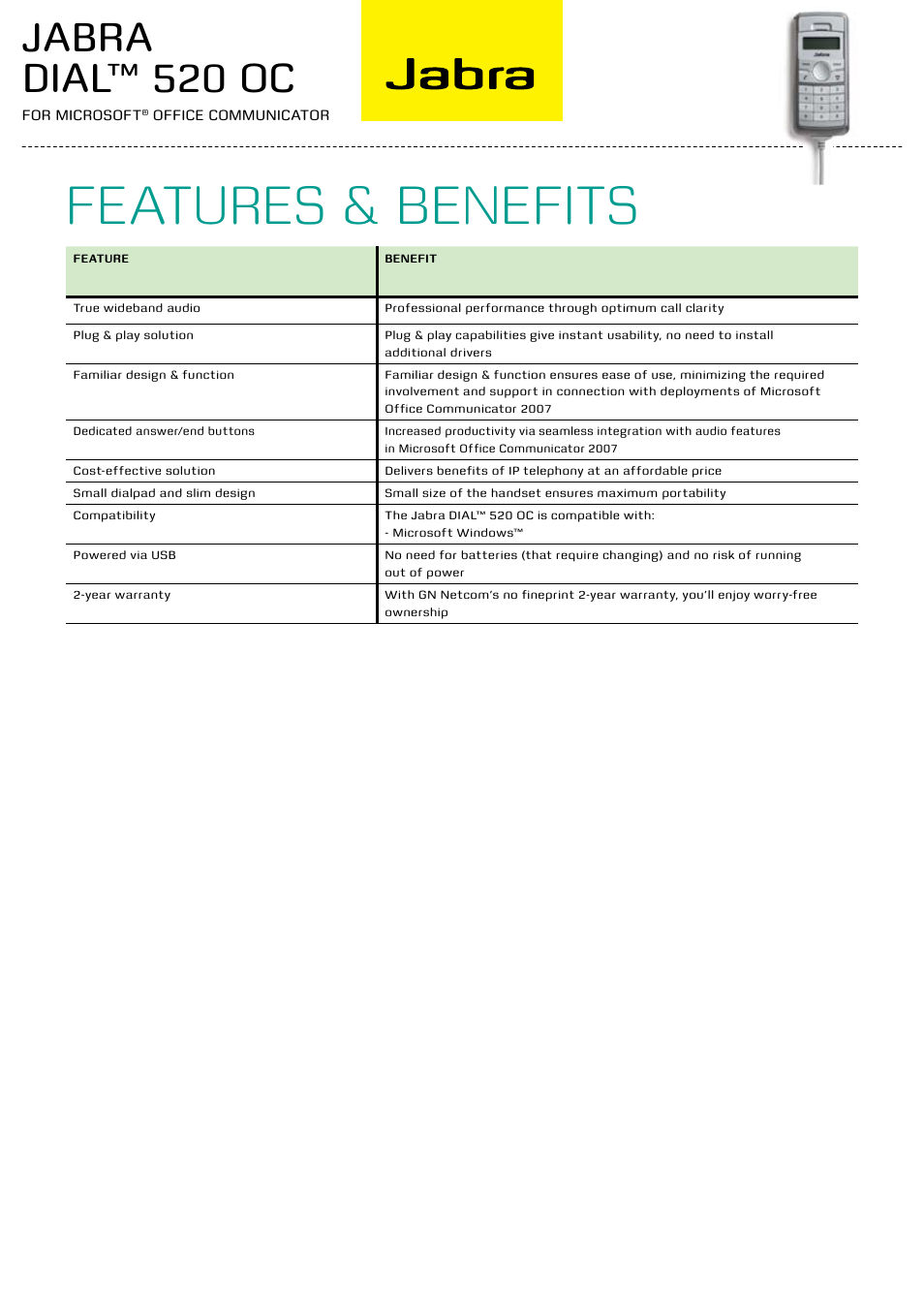 Features & benefits, Jabra dial™ 520 oc | Jabra DIAL 520 OC User Manual | Page 2 / 2