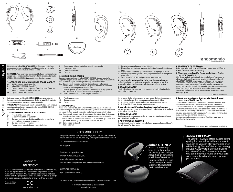 Por tuguês esp añol, Jabra stone2, Jabra freeway | Jabra HSC009 User Manual | Page 2 / 2