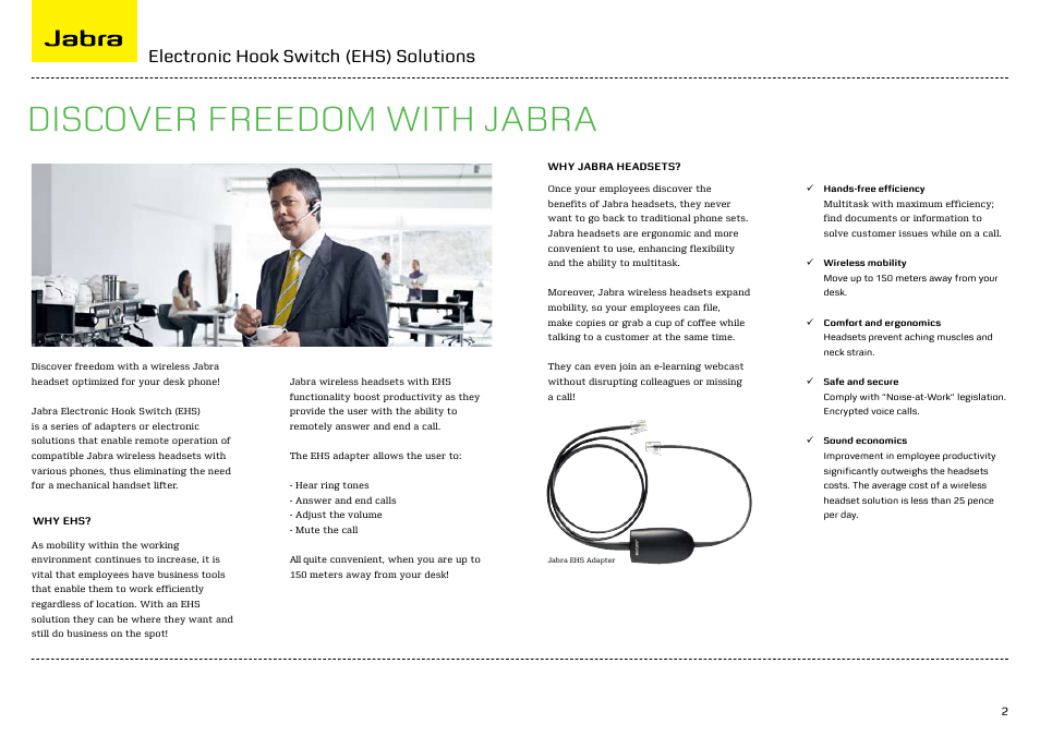 Discover freedom with jabra, Electronic hook switch (ehs) solutions | Jabra ELECTRONIC HOOK SWITCH M5390 User Manual | Page 2 / 9