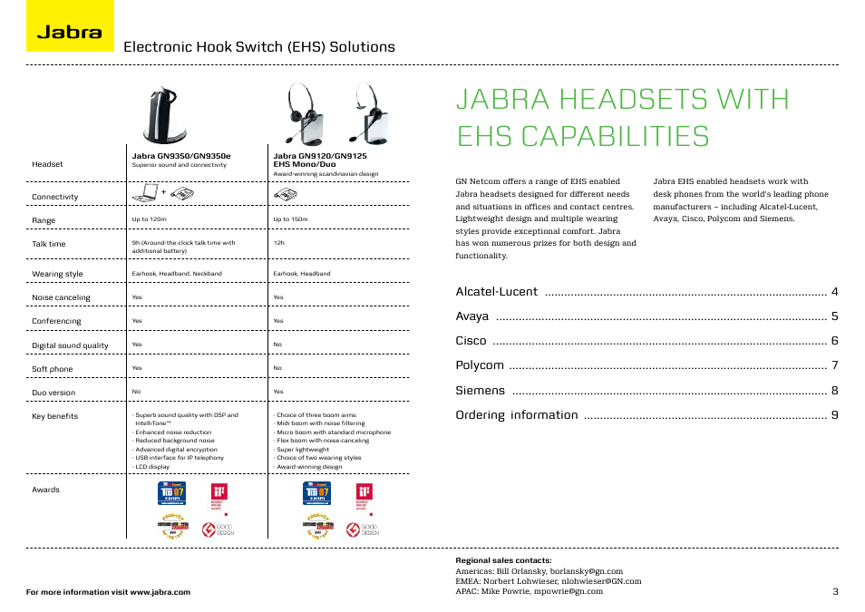 Jabra headsets with ehs capabilities, Electronic hook switch (ehs) solutions | Jabra ELECTRONIC HOOK SWITCH M5390 User Manual | Page 3 / 9