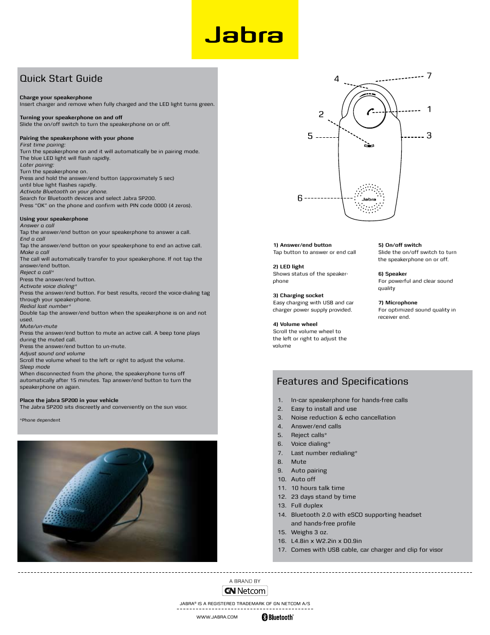 Features and specifications, Quick start guide | Jabra SP200 User Manual | Page 2 / 2