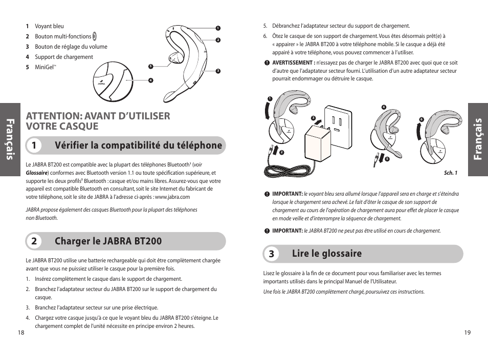 Français f rançais, Lire le glossaire 3, Charger le jabra bt200 2 | Jabra BT200 User Manual | Page 10 / 87