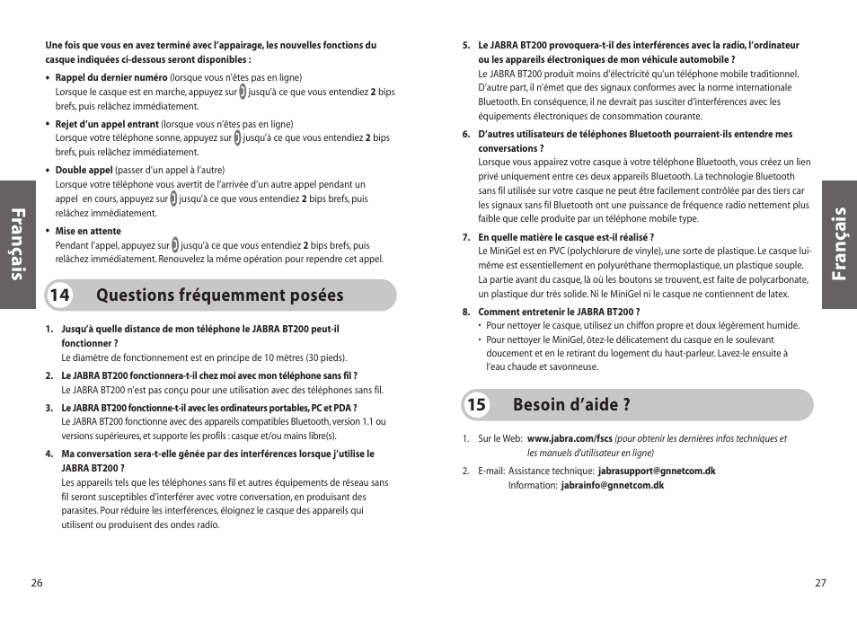 Français f rançais, Besoin d’aide ? 15, Questions fréquemment posées 14 | Jabra BT200 User Manual | Page 14 / 87