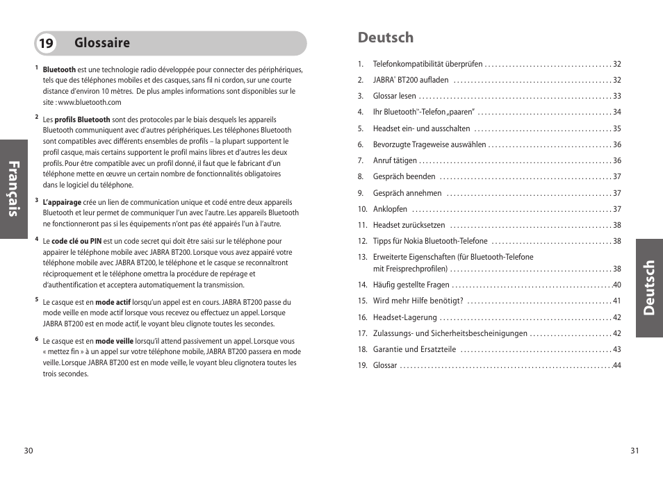 Deutsch, Français deutsch, Glossaire 19 | Jabra BT200 User Manual | Page 16 / 87