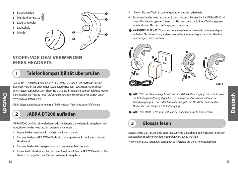 Deutsch, Glossar lesen 3, Jabra bt200 aufladen 2 | Jabra BT200 User Manual | Page 17 / 87