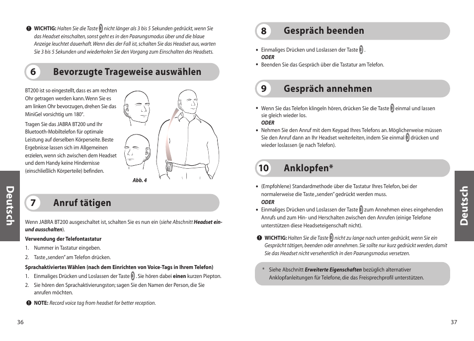 Deutsch, Anklopfen* 10, Gespräch beenden 8 | Gespräch annehmen 9, Anruf tätigen 7, Bevorzugte trageweise auswählen 6 | Jabra BT200 User Manual | Page 19 / 87