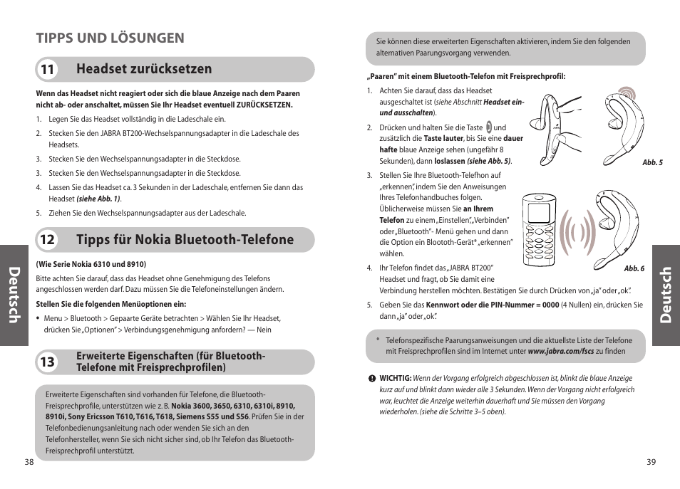 Deutsch, Tipps für nokia bluetooth-telefone 12, Headset zurücksetzen 11 tipps und lösungen | Jabra BT200 User Manual | Page 20 / 87