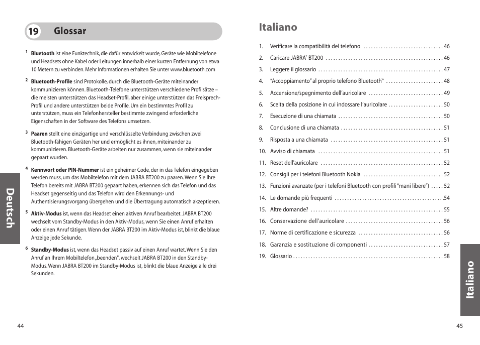 Italiano, Deutsch italiano, Glossar 19 | Jabra BT200 User Manual | Page 23 / 87