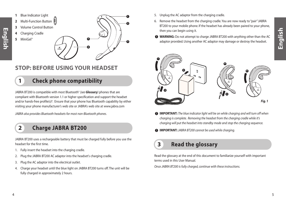 English, Charge jabra bt200 2, Read the glossary 3 | Jabra BT200 User Manual | Page 3 / 87