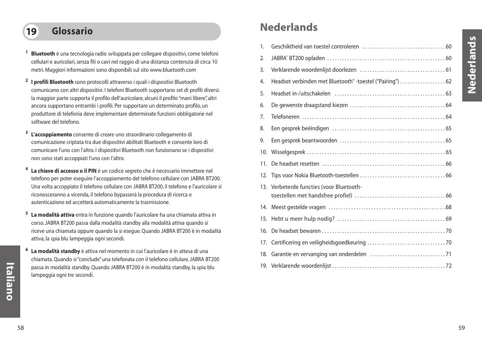 Nederlands, Nederlands italiano, Glossario 19 | Jabra BT200 User Manual | Page 30 / 87