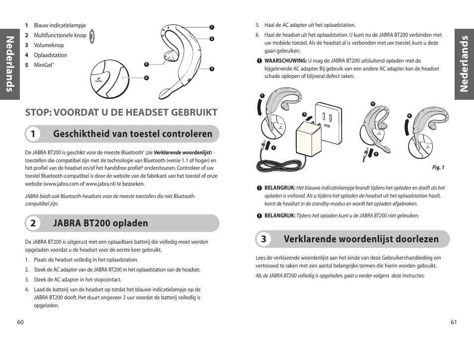 Nederlands, Verklarende woordenlijst doorlezen 3, Jabra bt200 opladen 2 | Jabra BT200 User Manual | Page 31 / 87