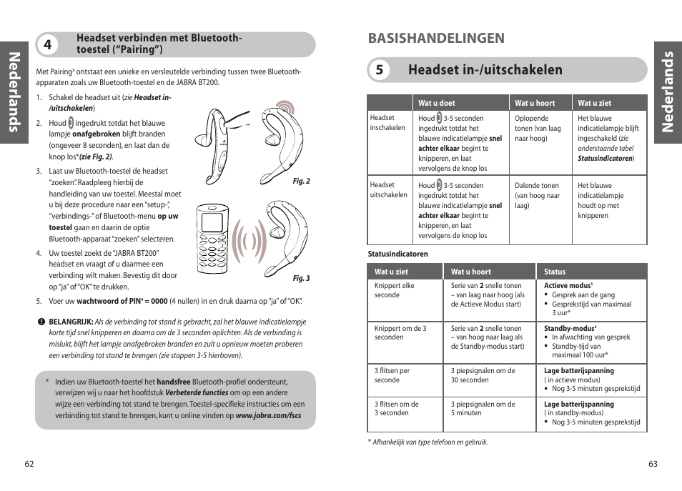 Nederlands, Headset in-/uitschakelen 5 basishandelingen | Jabra BT200 User Manual | Page 32 / 87