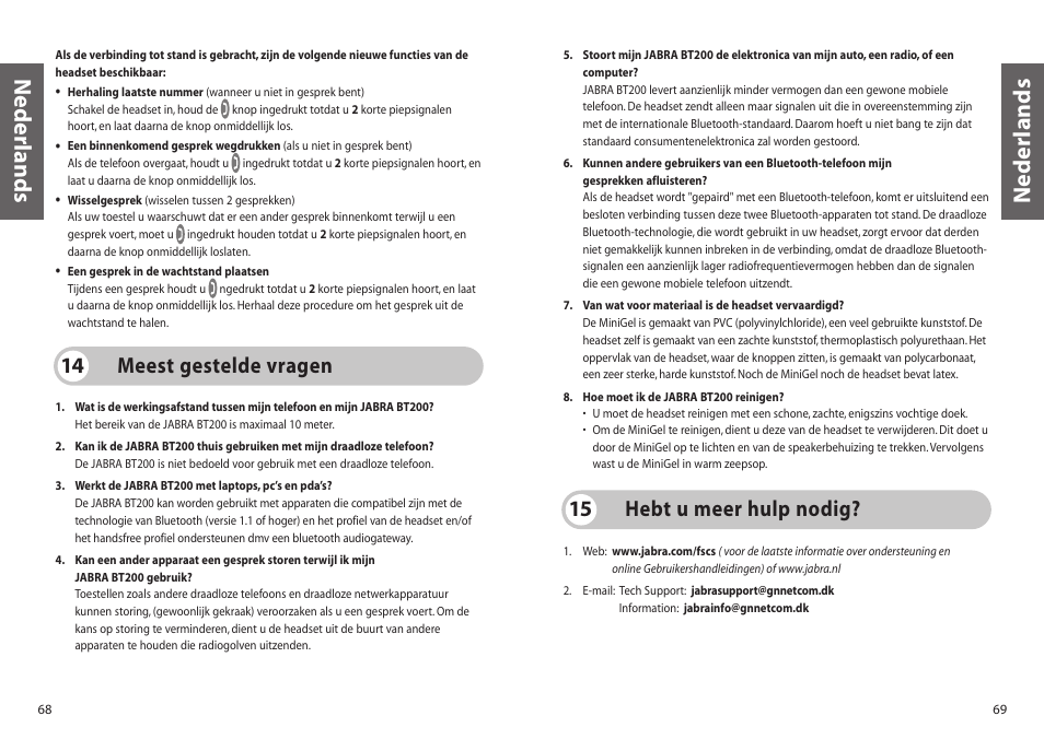 Nederlands, Meest gestelde vragen 14, Hebt u meer hulp nodig? 15 | Jabra BT200 User Manual | Page 35 / 87