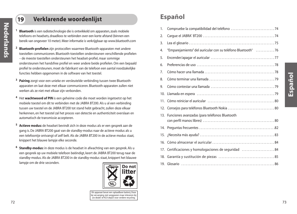 Español, Nederlands español, Verklarende woordenlijst 19 | Jabra BT200 User Manual | Page 37 / 87