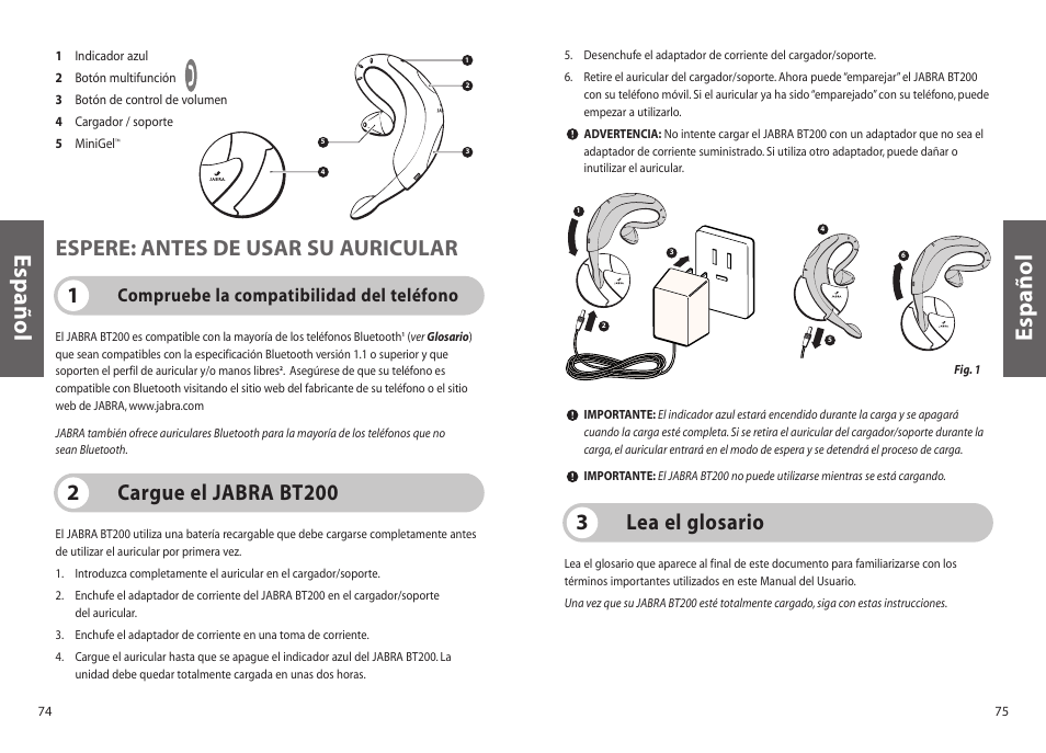 Español, Lea el glosario 3, 1espere: antes de usar su auricular | Cargue el jabra bt200 2, Compruebe la compatibilidad del teléfono | Jabra BT200 User Manual | Page 38 / 87