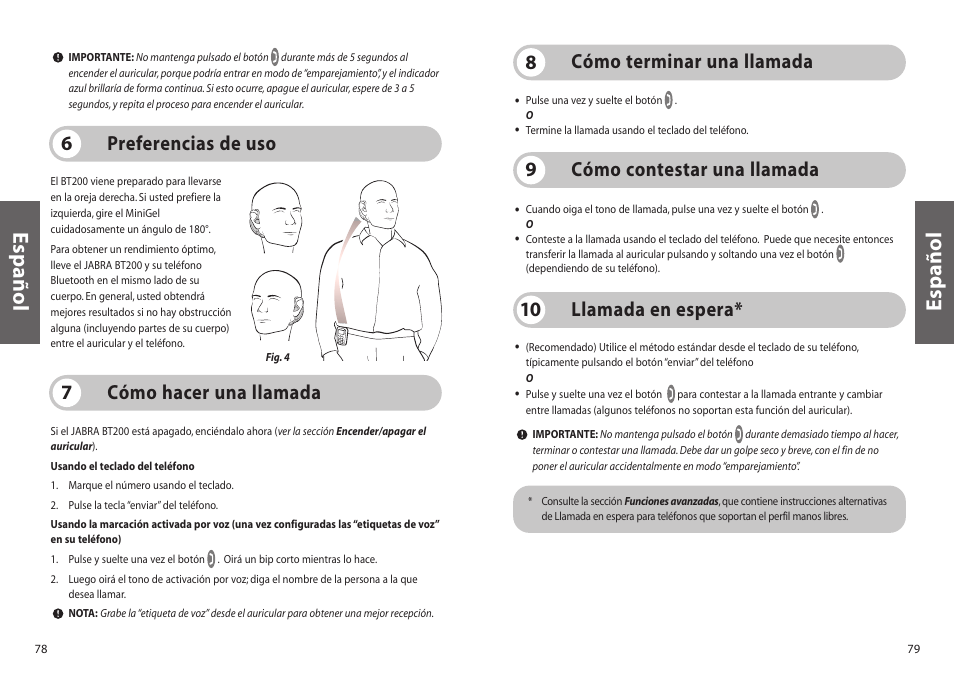 Español, Llamada en espera* 10, Preferencias de uso 6 | Cómo contestar una llamada 9 | Jabra BT200 User Manual | Page 40 / 87