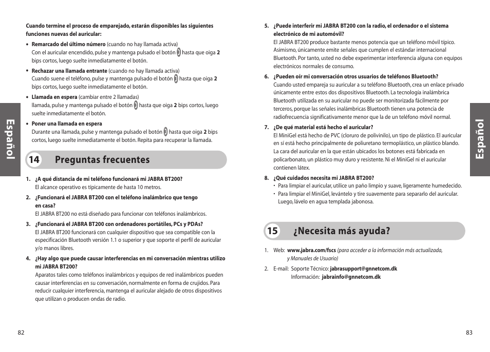 Español, Preguntas frecuentes 14, Necesita más ayuda? 15 | Jabra BT200 User Manual | Page 42 / 87