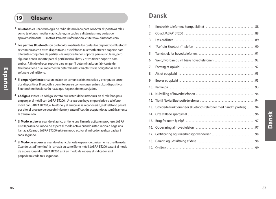 Dansk, Español dansk, Glosario 19 | Jabra BT200 User Manual | Page 44 / 87