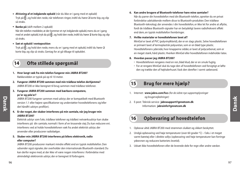 Dansk, Ofte stillede spørgsmål 14, Brug for mere hjælp? 15 | Opbevaring af hovedtelefon 16 | Jabra BT200 User Manual | Page 49 / 87