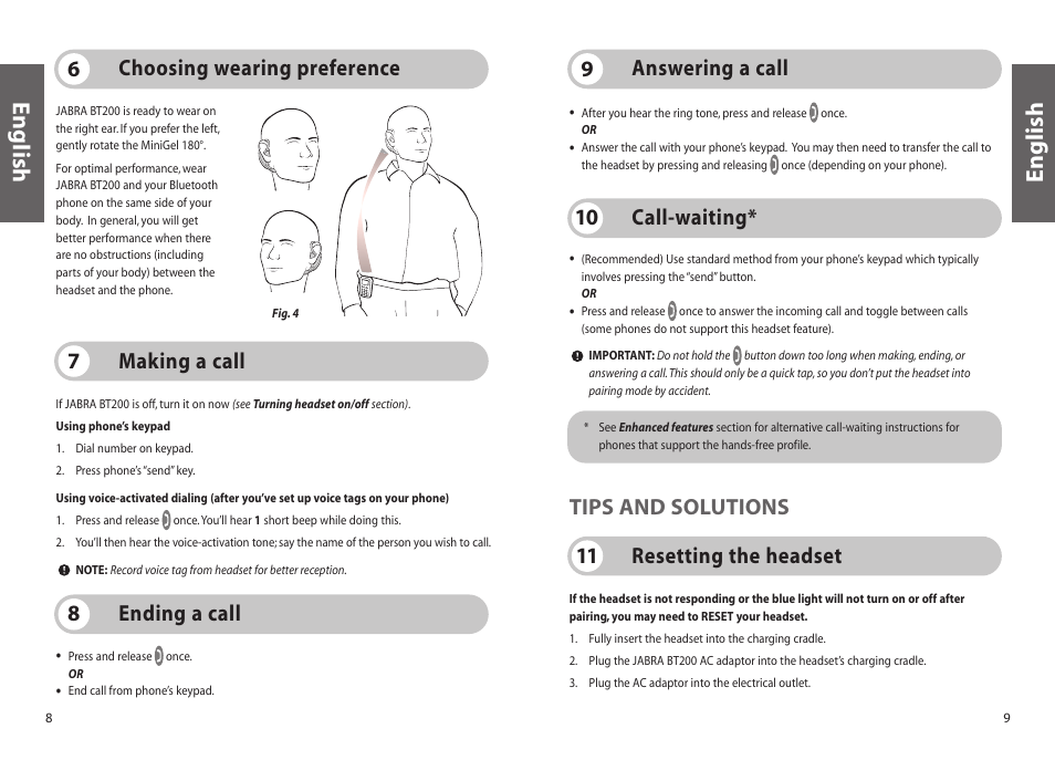 English, Ending a call 8 call-waiting* 10 making a call 7, Choosing wearing preference 6 | Answering a call 9, Resetting the headset 11 tips and solutions | Jabra BT200 User Manual | Page 5 / 87