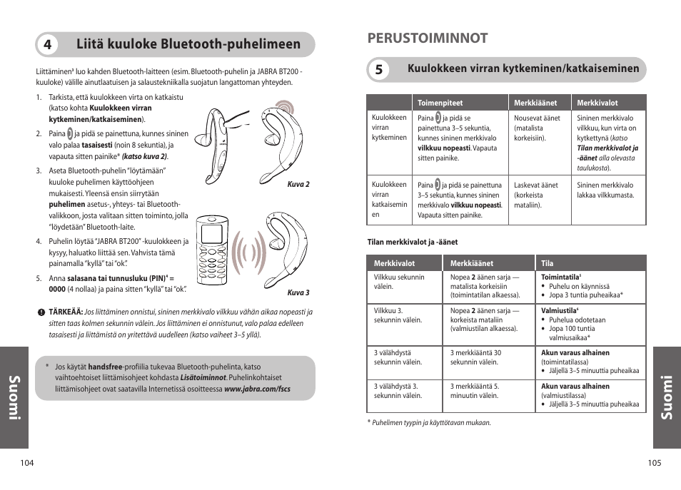 Suomi, 5perustoiminnot, Liitä kuuloke bluetooth-puhelimeen 4 | Kuulokkeen virran kytkeminen/katkaiseminen | Jabra BT200 User Manual | Page 53 / 87