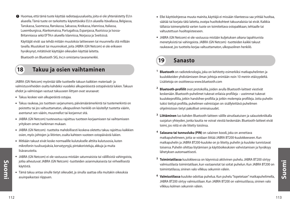 Suomi, Takuu ja osien vaihtaminen 18, Sanasto 19 | Jabra BT200 User Manual | Page 57 / 87